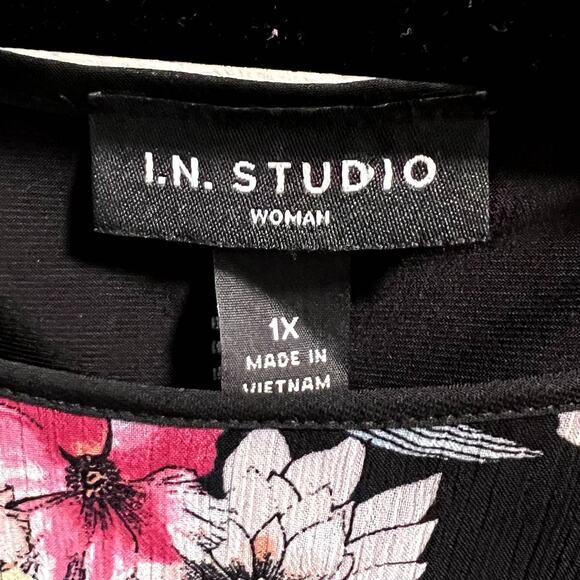 I.N. Studio Women Black Floral Drape Overlay Sleeveless Scarf Sheath Dress Sz 1X - Picture 3 of 12